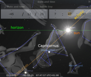 The sun in Capricornus seen from Rome 45 years BP according to Stellarium.