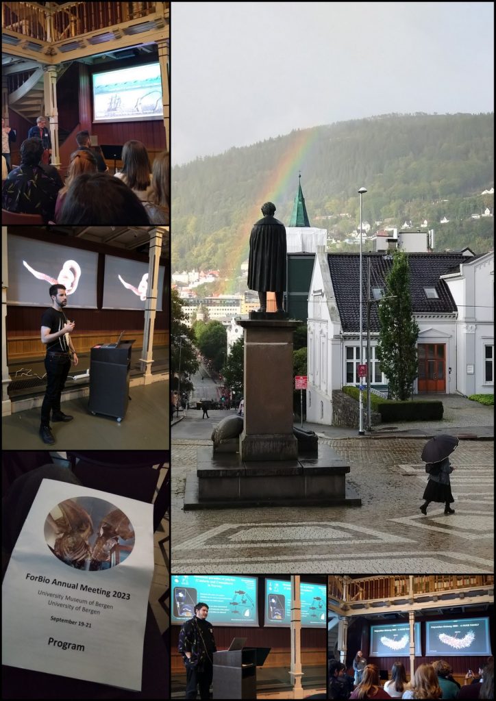 Collage showing people presenting, and a statue of Christie with a rainbow over it.