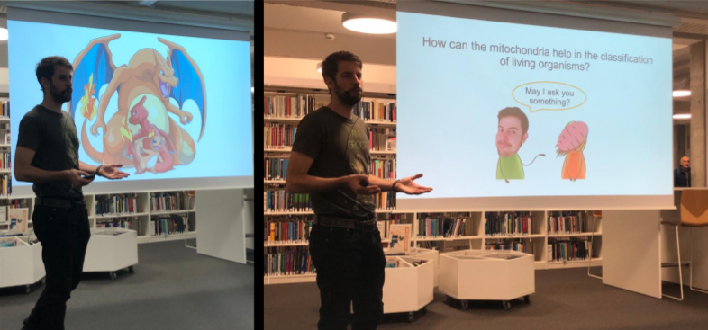 Two images of Miguel Meca standing in front of the projection screen giving his talk.