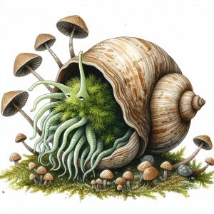 A fantasy animal that looks like a cross between a snail and a nautikus covered in moss, with some bonus mushrooms on it, created with AI