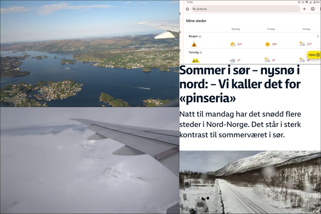 four images: two from plane window going from summer (bergen) to winter (tromsø), two screen shot of the weather reporting in media