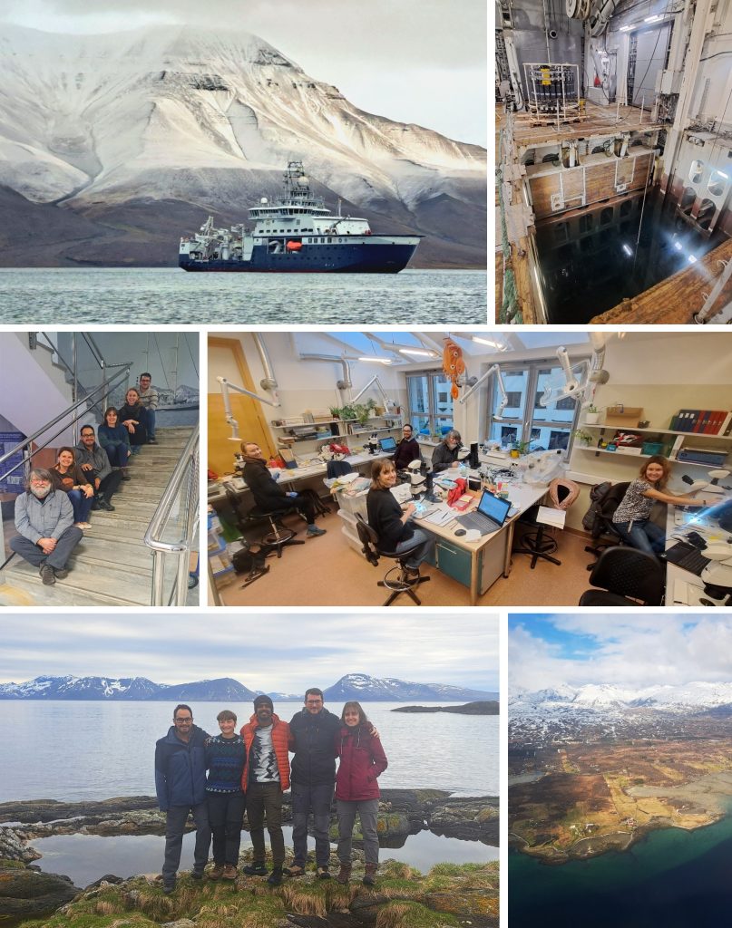 A collage of reserch related photos; people working in lab, a reserach vessel