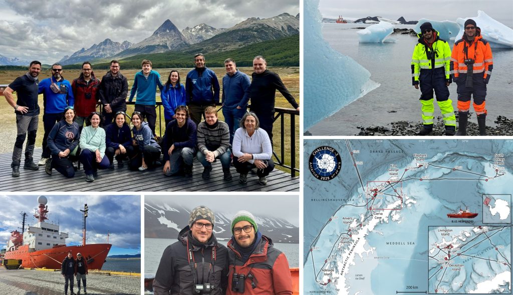 Collage of photos showing the team, a map of the ship's transect, the research vessel, and Joan and Luis looking very scientific and