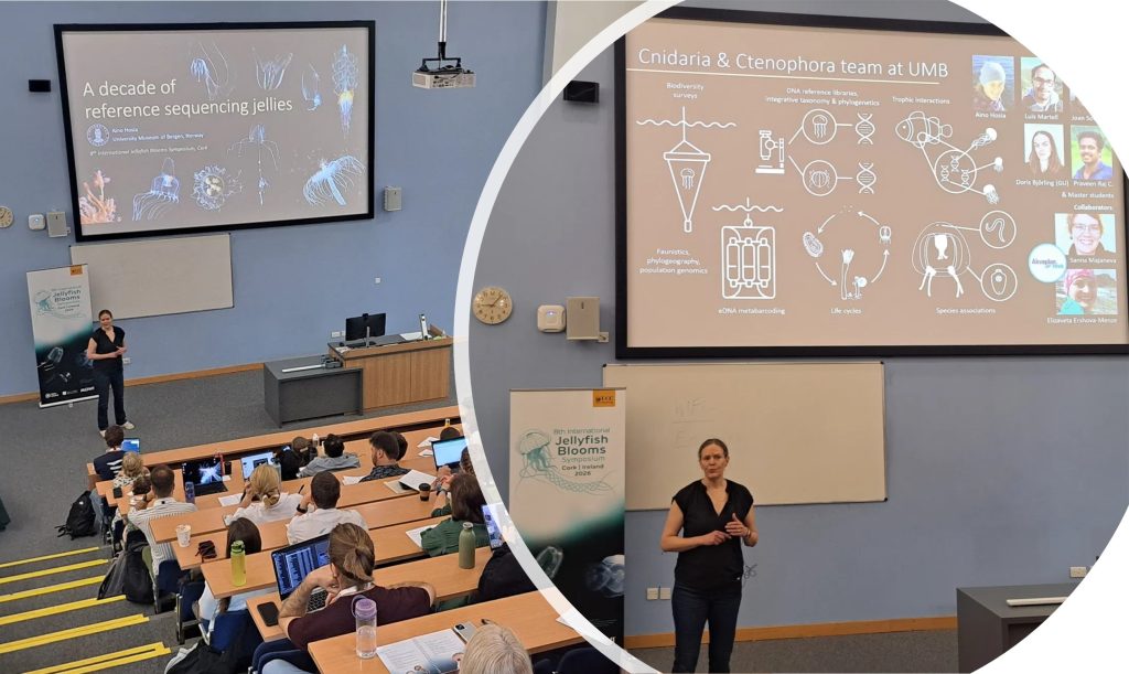 Two images of a female professor presenting a talk in the auditorium